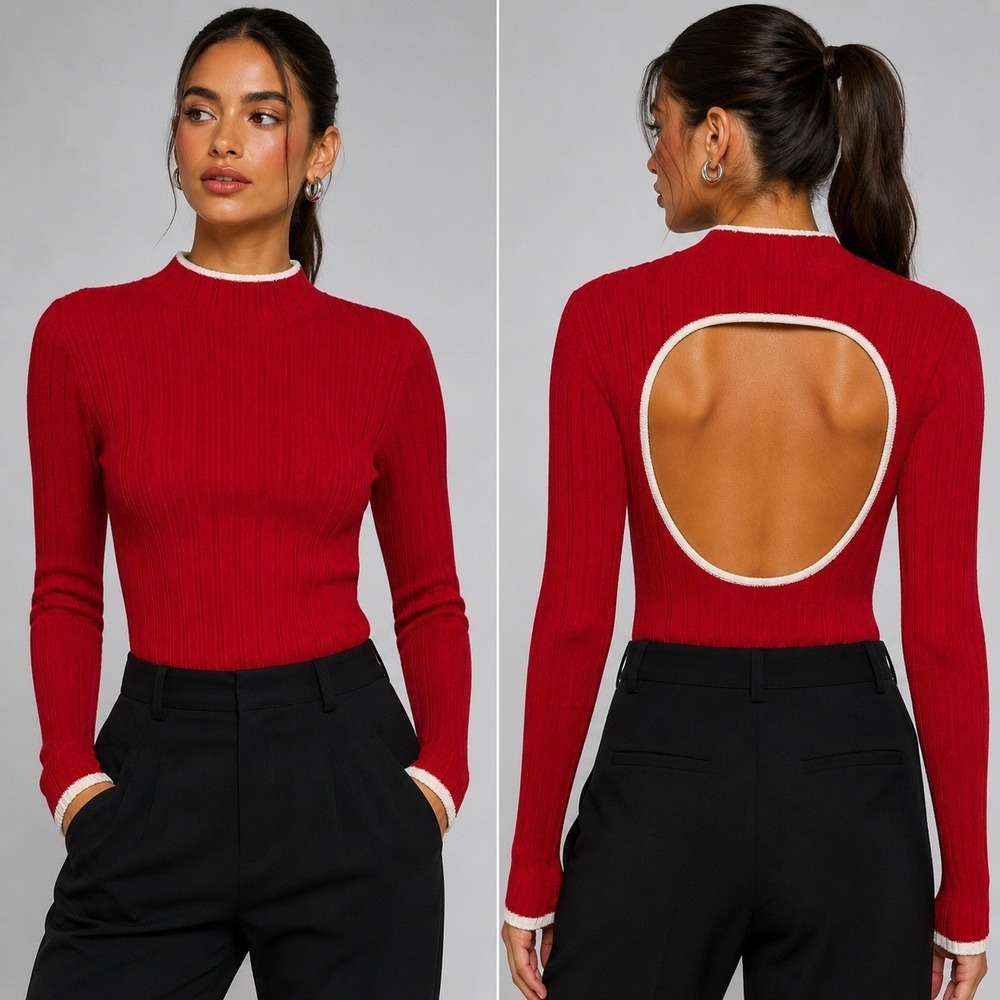BDG Urban Outfitters Red Ribbed Mock Neck Sweater XS Open‎ Back Cutout Viscose